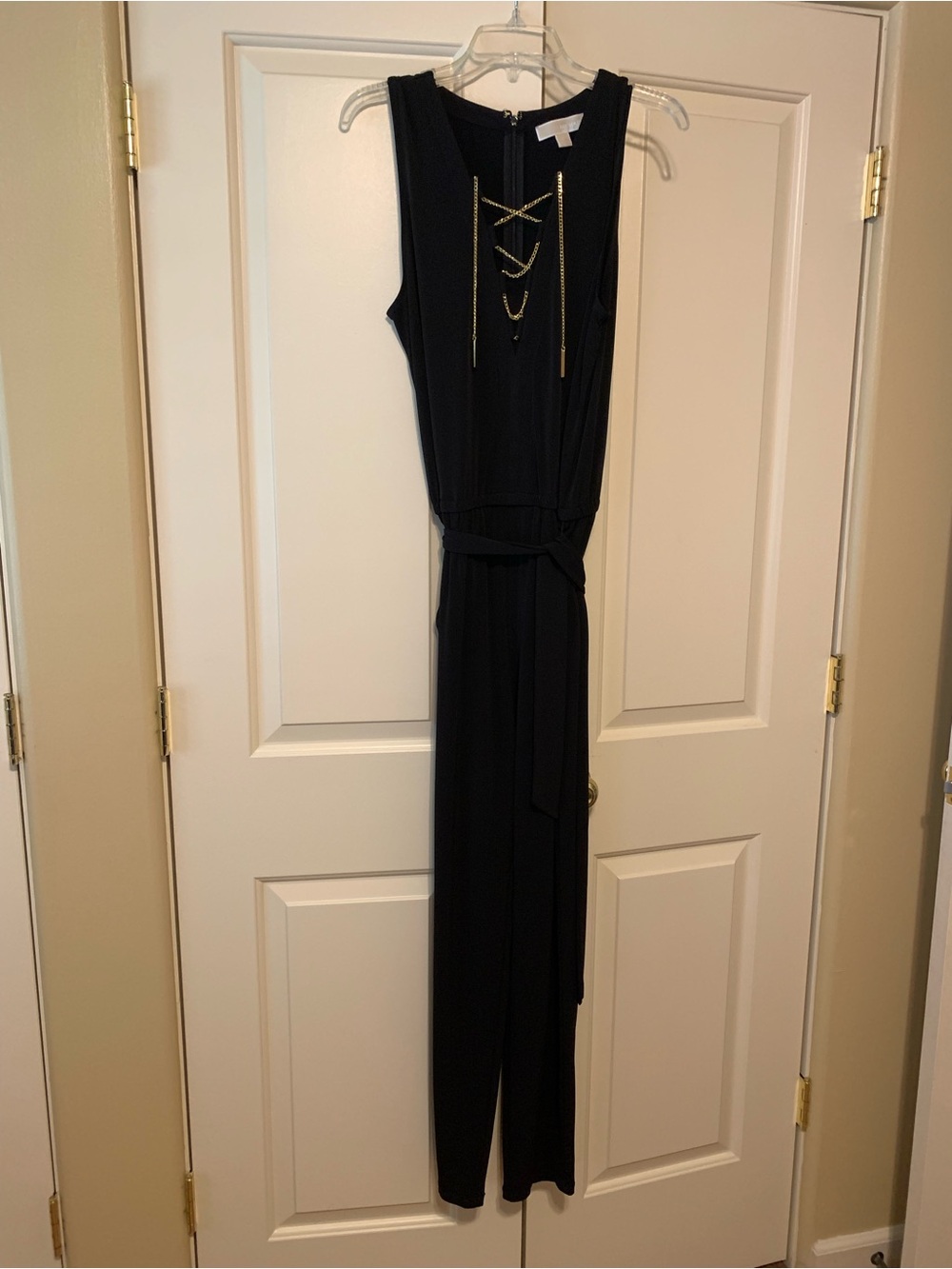 Michael Kors L black jumpsuit w/gold chain lace up closure elastic tie waist